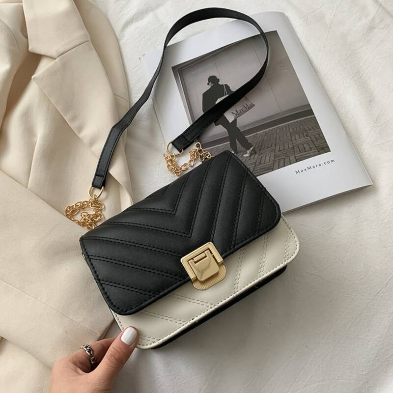 

Top Stitch Quilted Chevron Bag, Black and white