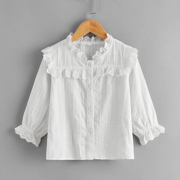 

Toddler Girls Eyelet Embroidery Ruffle Trim Blouse, White