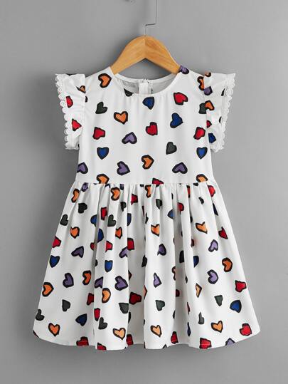 فستان مقلم دانتيل بطباعة قلب للبنات الصغار