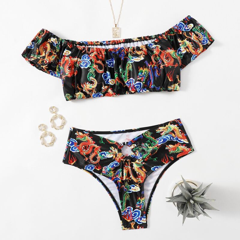 

Chinese Dragon Graphic Bikini Swimsuit, Multicolor