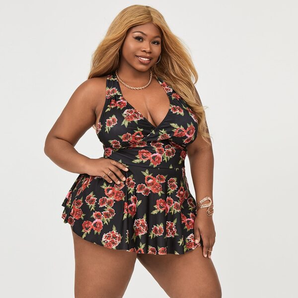 

Plus Floral Cross Back High Waisted Bikini Swimsuit, Multicolor