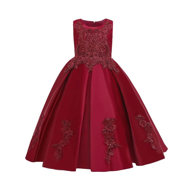 

Girls Appliques Pearls Tie Back Gown Dress, Burgundy