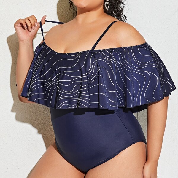 

Plus Line Print Flounce One Piece Swimsuit, Navy blue