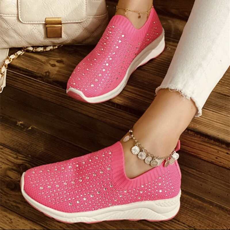

Rhinestone Slip On Knit Sneakers, Hot pink