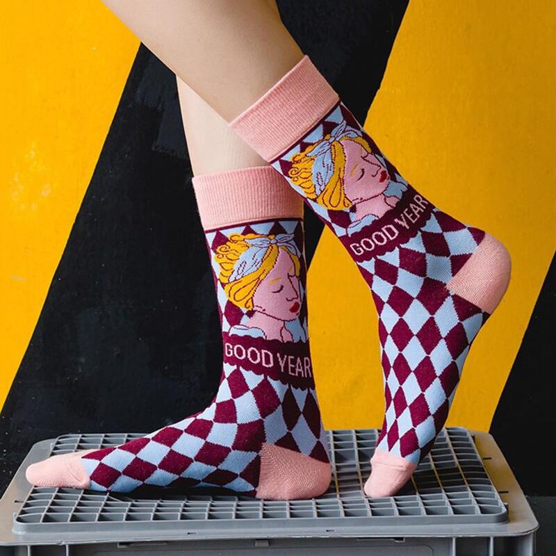 

1pair Cartoon Figure & Argyle Crew Socks, Multicolor