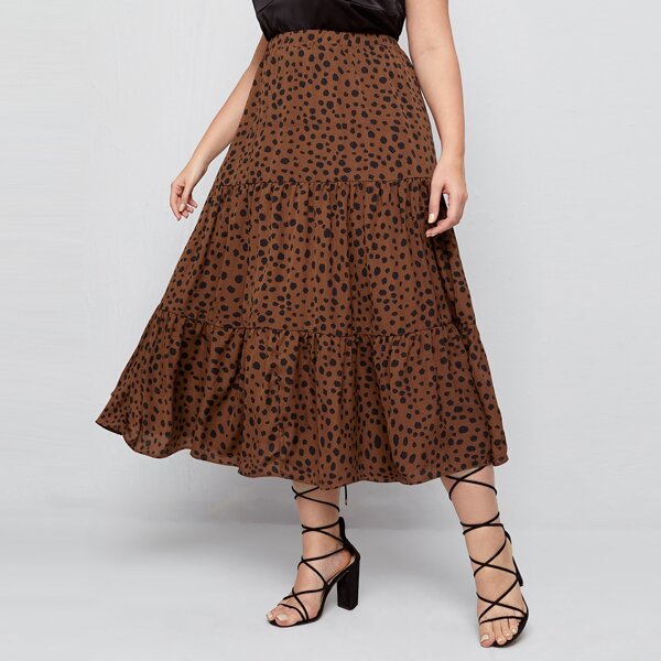 

Plus All Over Print Ruffle Hem Skirt, Coffee brown