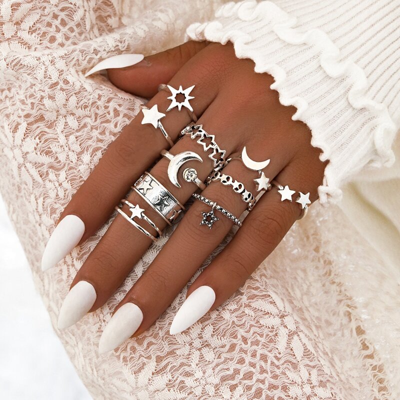 

10pcs Star & Moon Ring, Antique silver