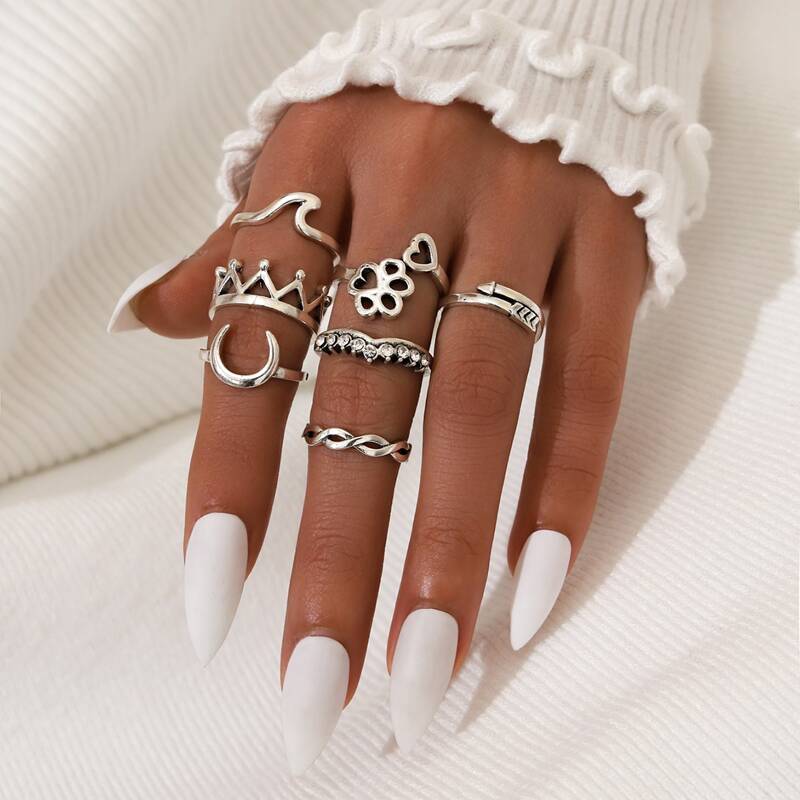 

7pcs Crown & Moon Ring, Antique silver