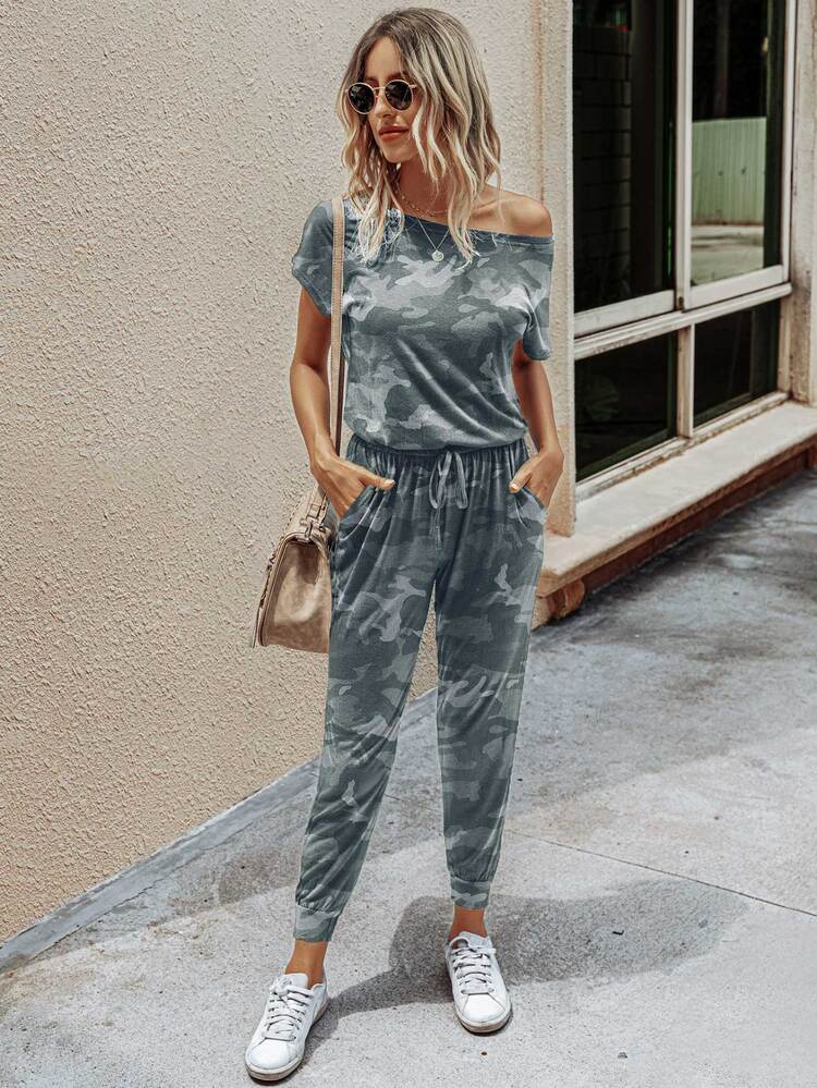 SHEIN LUNE Camo Print Batwing Sleeve Jumpsuit - Multicolor - View 3