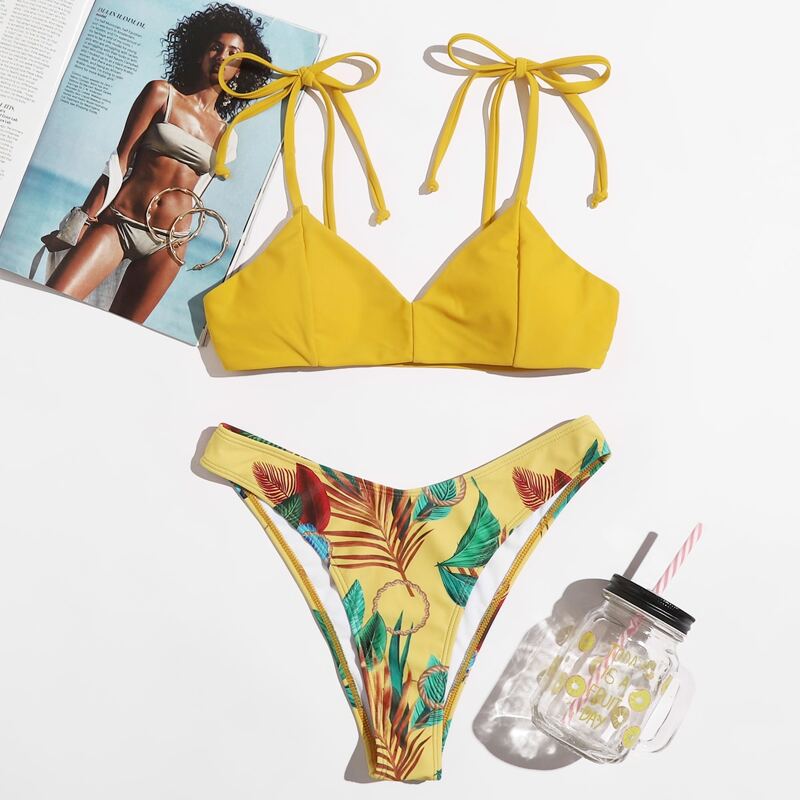 

Tropical Leaf Graphic Bikini Swimsuit, Yellow
