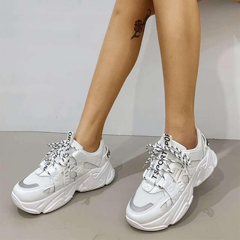 

Letter Tape Lace-up Mesh Chunky Sneakers, White
