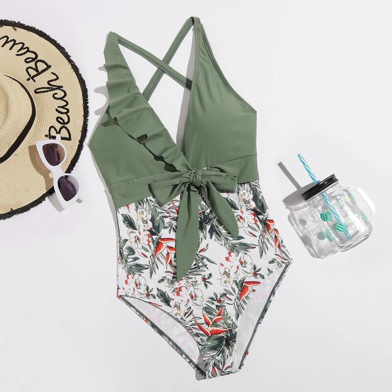 

Flower Graphic Tie Front One Piece Swimsuit, Multicolor