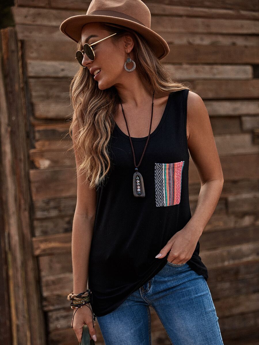 SHEIN LUNE Hình học vá áo vest trên - màu đen - Xem 1