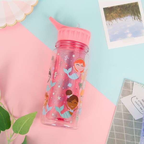 

1pc Cartoon Mermaid Print Water Bottle, Pink