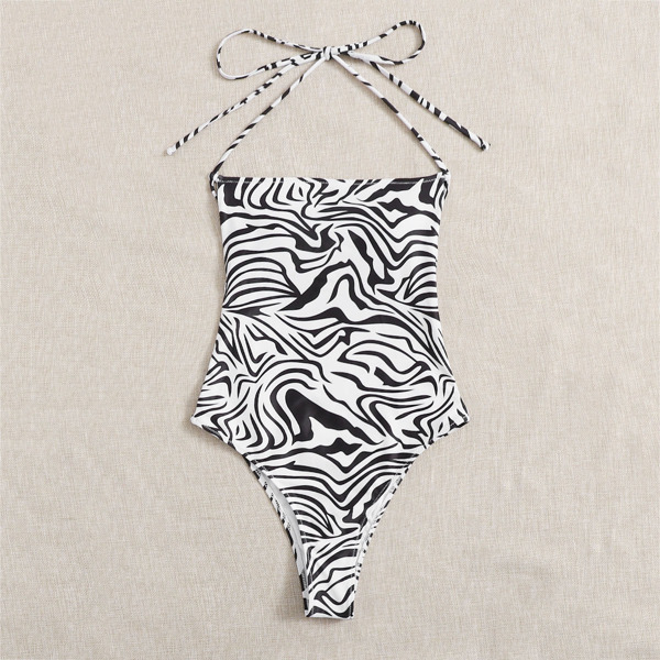 

Zebra Striped Halter One Piece Swimsuit, Black and white