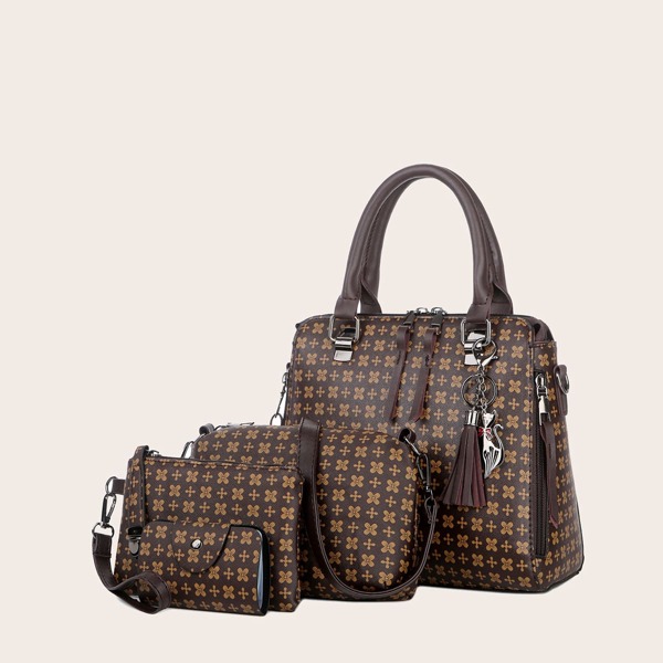 

4pcs Tassel Charm Graphic Satchel Bag Set, Coffee brown