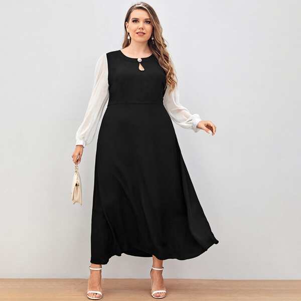 

Plus Contrast Sleeve Keyhole Neck A-line Dress, Black