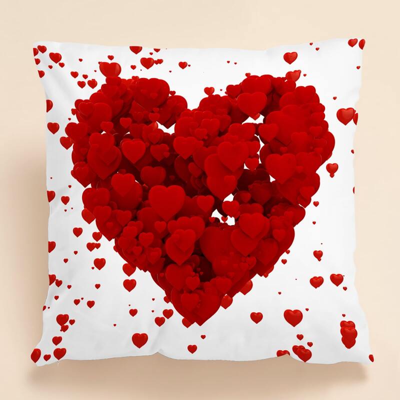 

Valentine's Day Heart Print Cushion Cover Without Filler, Red and white