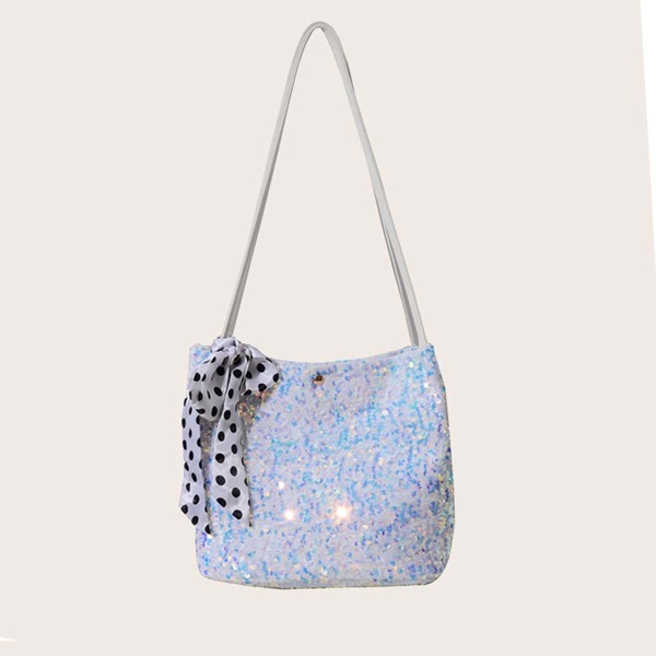 

Twilly Scarf Decor Sequin Bucket Bag, Blue
