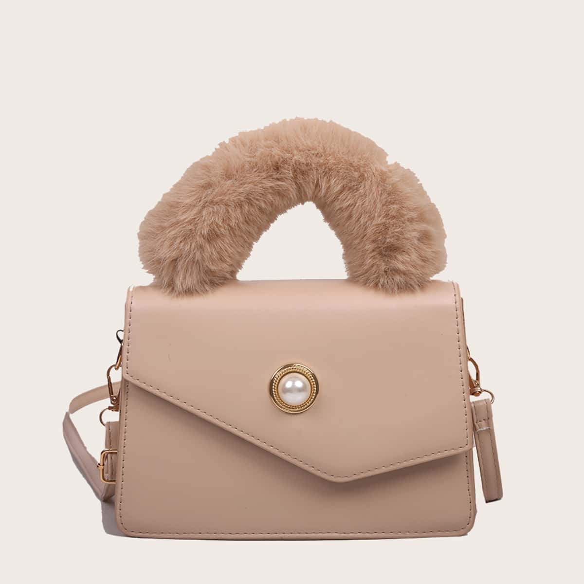 

Faux Pearl Decor Fluffy Handle Satchel Bag, Khaki