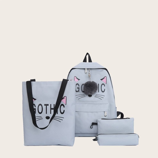 

4pcs Girls Fluffy Charm Cartoon Graphic Backpack Set, Grey