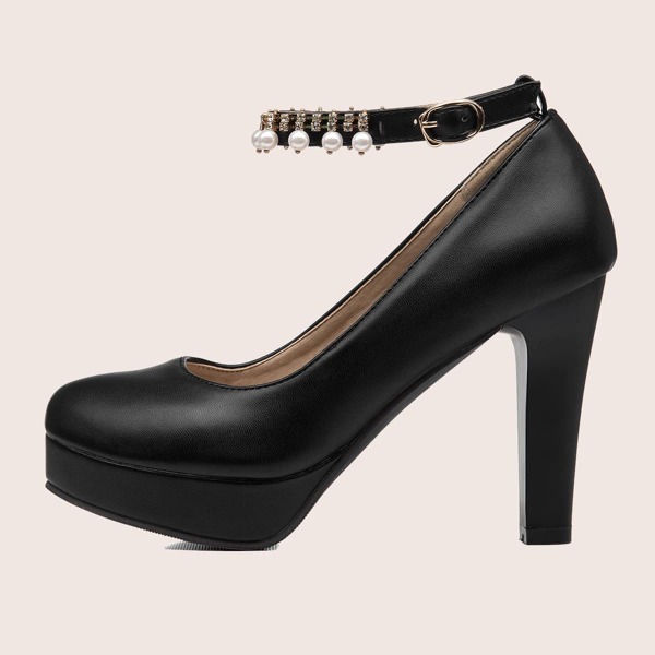 

Faux Pearl & Rhinestone Decor Ankle Strap Pumps, Black