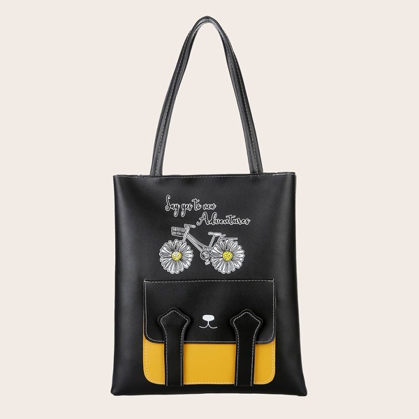 

Daisy & Letter Graphic Tote Bag, Black