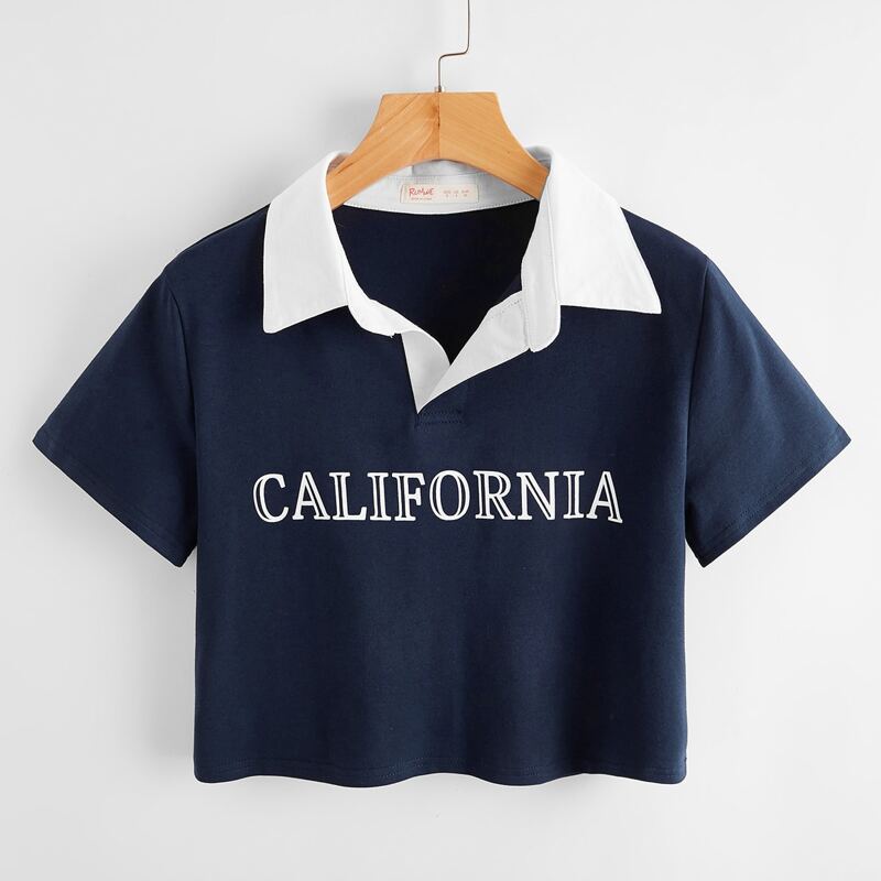 

Contrast Collar Letter Crop Tee, Navy blue