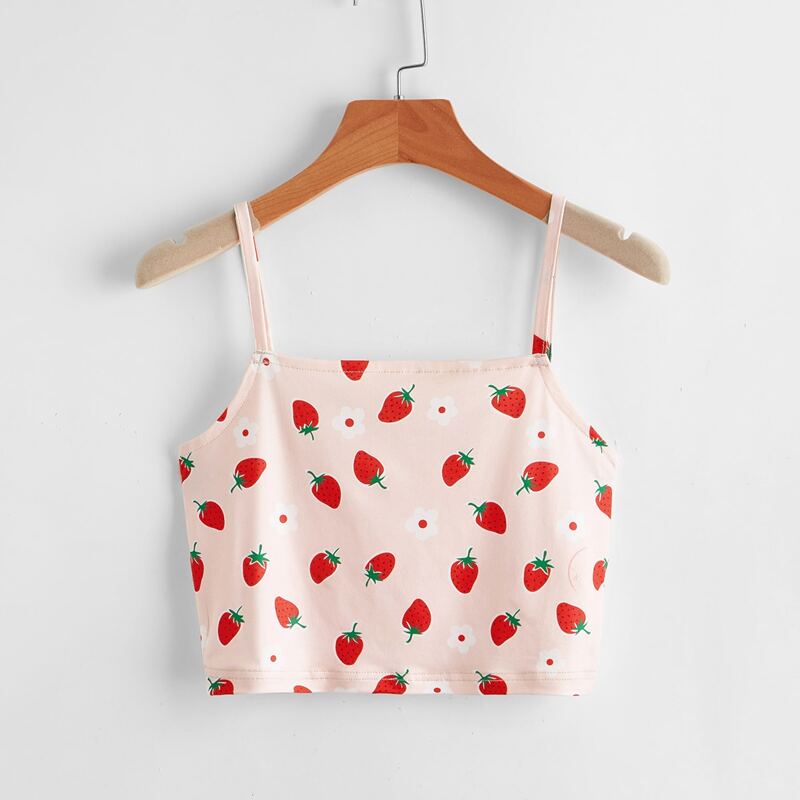 

Strawberry Print Crop Cami, Baby pink