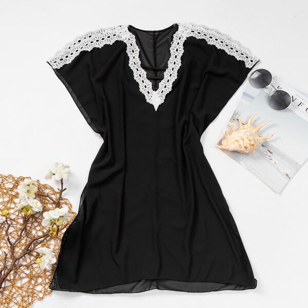 

Contrast Lace Sheer Mesh Cover Up, Black