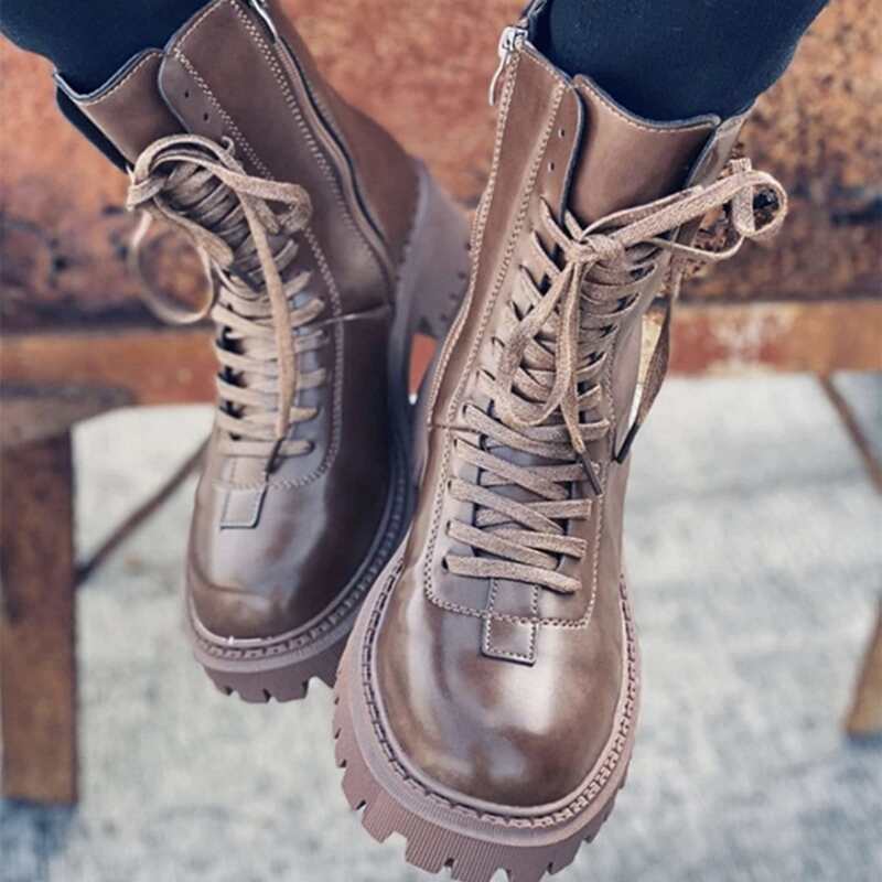 

Lace-up Lug Sole Combat Boots, Coffee brown