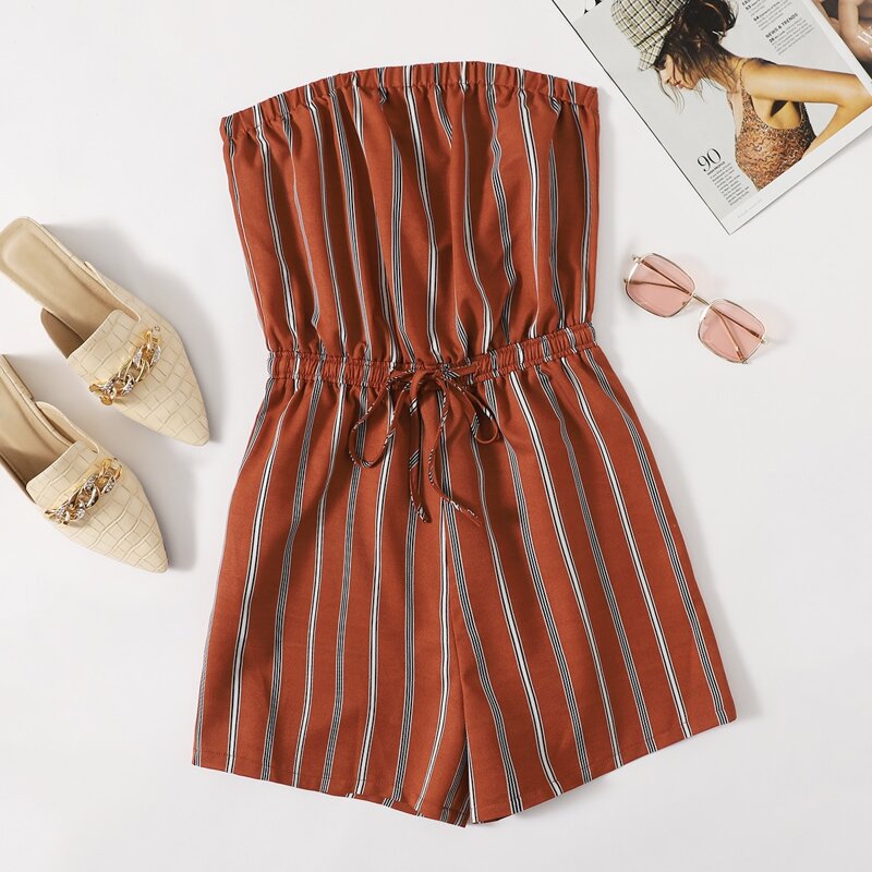 

Drawstring Waist Striped Tube Romper, Rust brown
