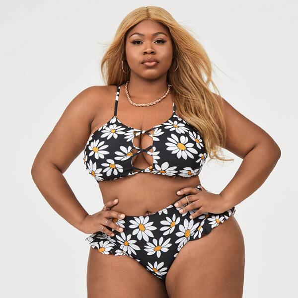 

Plus Floral Crisscross Ruffle Trim Bikini Swimsuit, Multicolor