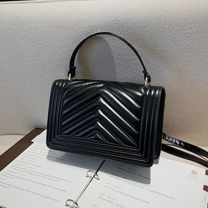 

Solid Chevron Flap Satchel Bag, Black