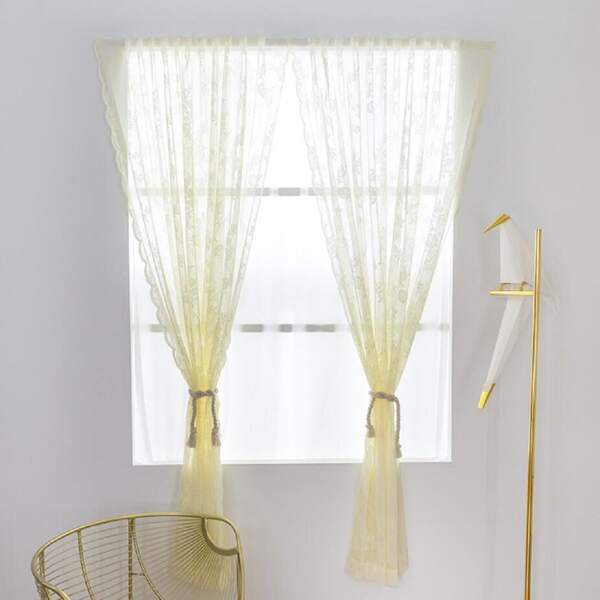 

Flower Embroidery Single Panel Mesh Curtain, Beige