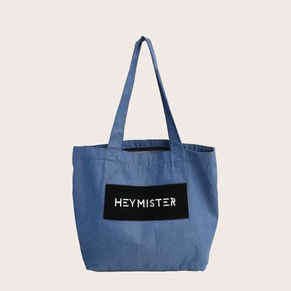 

Men Letter Patch Denim Tote Bag, Blue