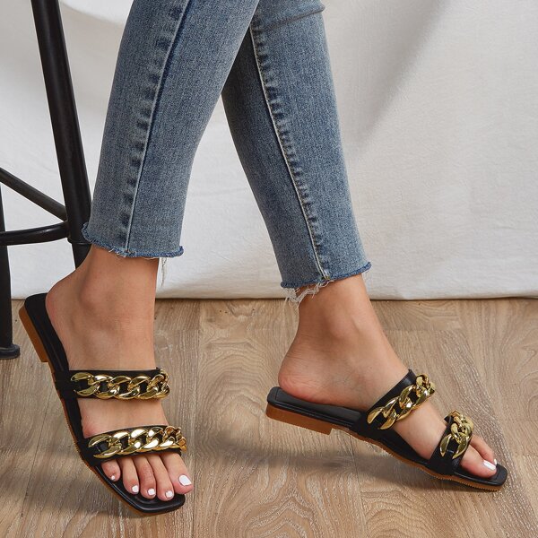

Double Chain Decor Strap Slide Sandals, Black