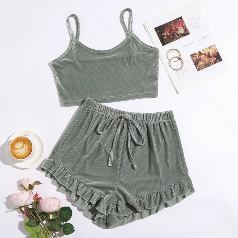

Velvet Ruffle Hem Lounge Set, Dark green