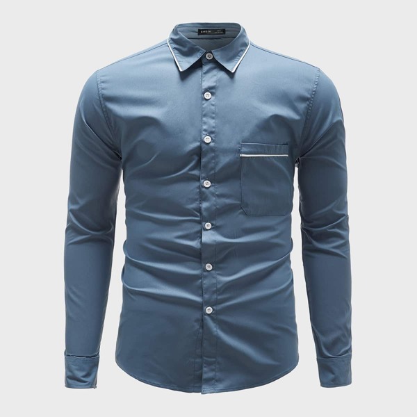 

Men Contrast Piping Patch Pocket Shirt, Dusty blue