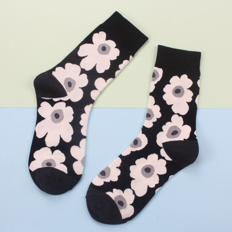 

1pair Flower Crew Socks, Black