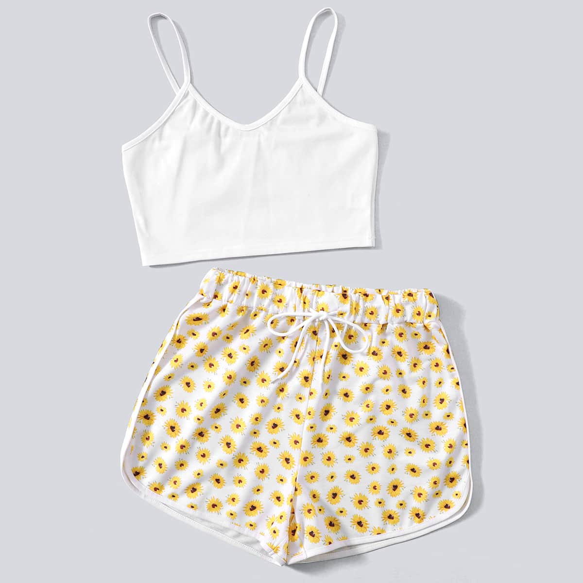 

Solid Crop Cami & Sunflower Dolphin Shorts, Multicolor