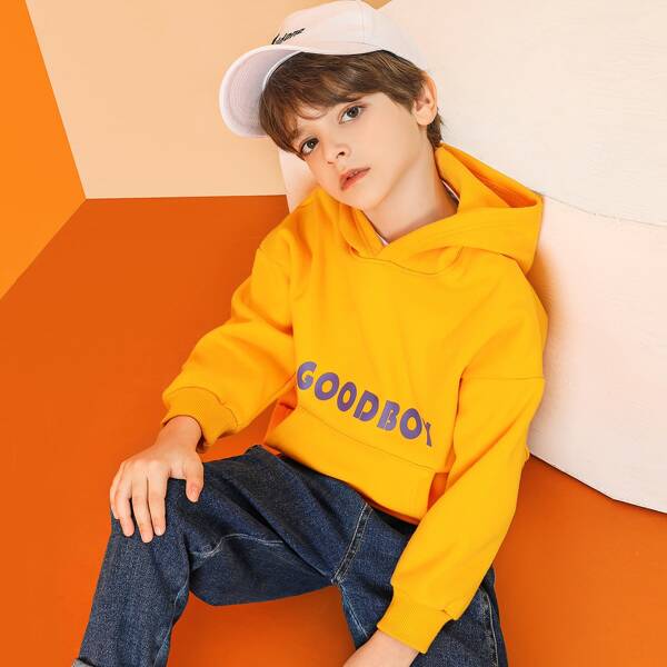 

Boys Kangaroo Pocket Letter Graphic Thermal Hoodie, Yellow