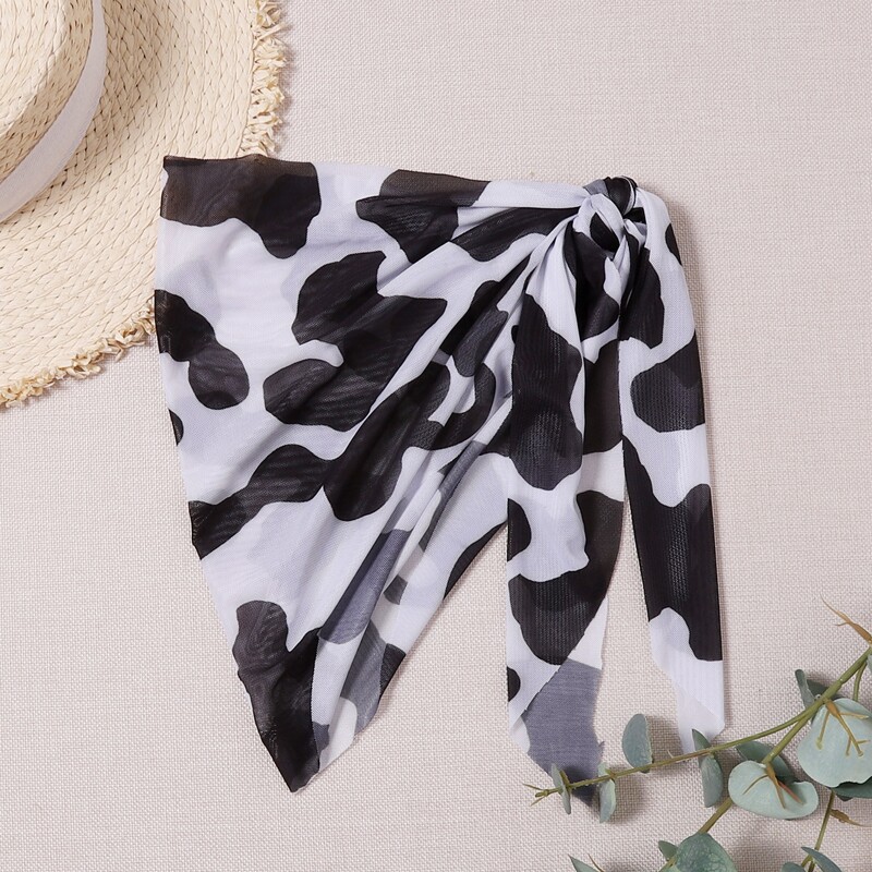 

Cow Print Mesh Tie Side Cover Up Skirt, Black and white