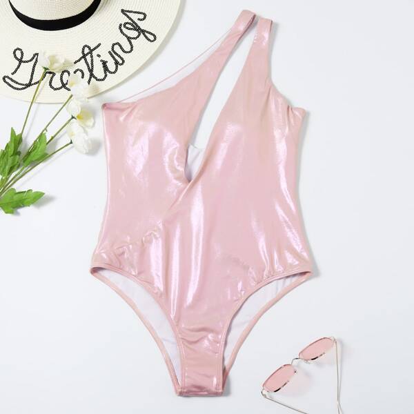 

Metallic Cut-out One Shoulder One Piece Swimsuit, Baby pink