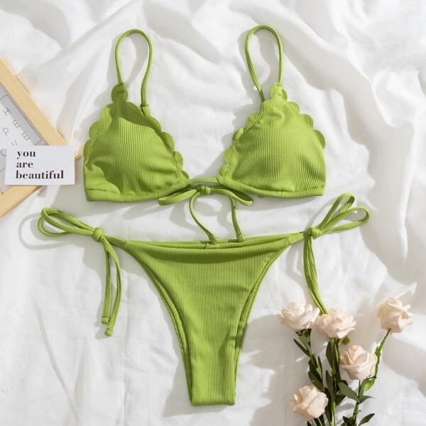 

Rib Scalloped Trim Triangle Tie Side Bikini Swimsuit, Green
