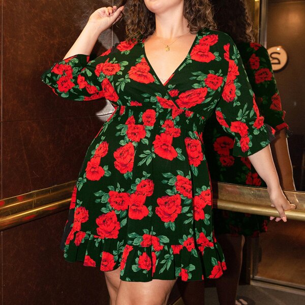 

Plus Floral Print Shirred A-line Dress, Multicolor