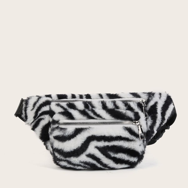 

Zebra Striped Faux Fur Fanny Pack, Black and white