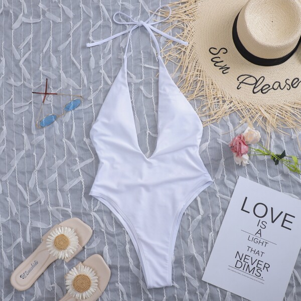 

Plain Plunging High Leg One Piece Swimsuit, White