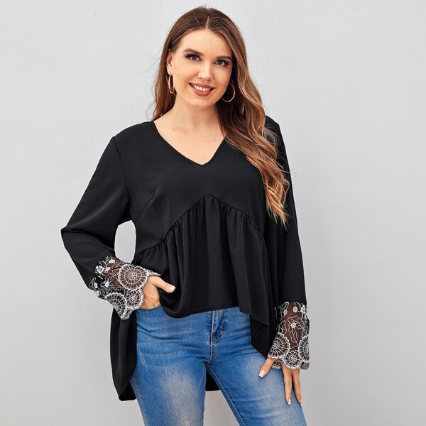 

Plus Contrast Lace V-neck High Low Blouse, Black