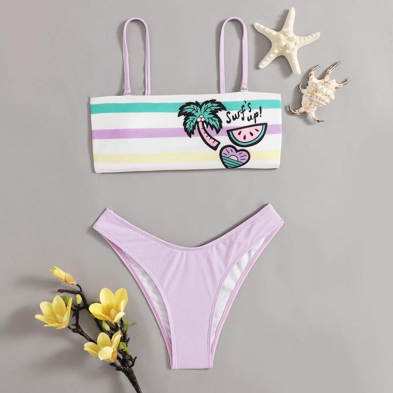 

Letter Tropical Graphic High Cut Bikini Swimsuit, Multicolor